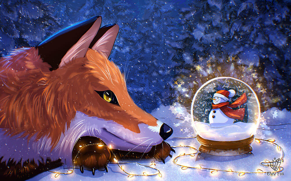 An illustration of a fox and a snowman inside a snow globe, surrounded by sparkling snowflakes.
