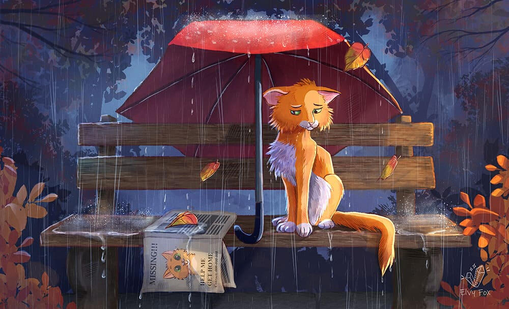 Sad orange cat autumn illustration. An illustration showing an orange cat on a bench, rain cascading down, capturing a peaceful moment in a rainy setting.