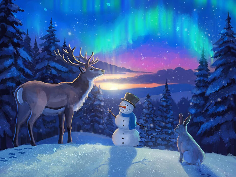 Cristmas illustration. An illustration of a snowman and a deer in a snowy landscape illuminated by vibrant aurora lights above.