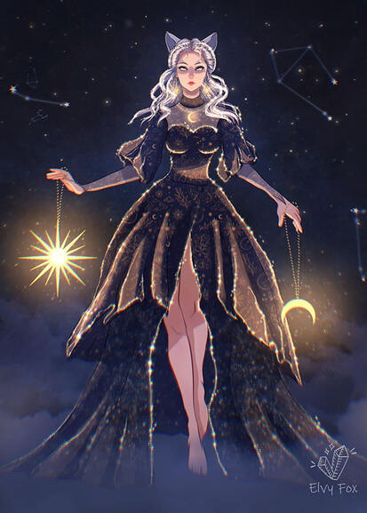 The Nox Celestial character design. A woman in a black dress elegantly holds a star, depicted in a detailed character design illustration.