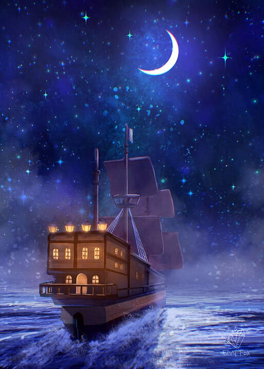 Fantasy illustration of the Night Sea and the Ship